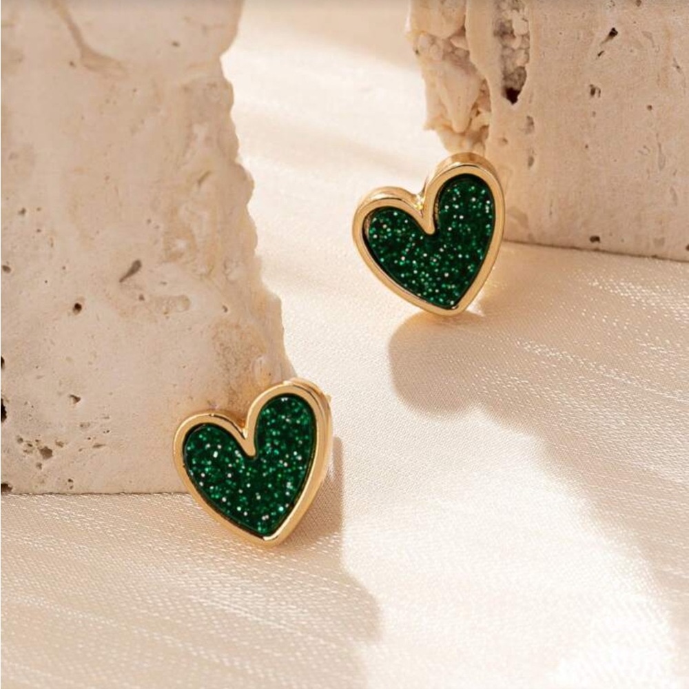 Gold and Green Heart Earrings